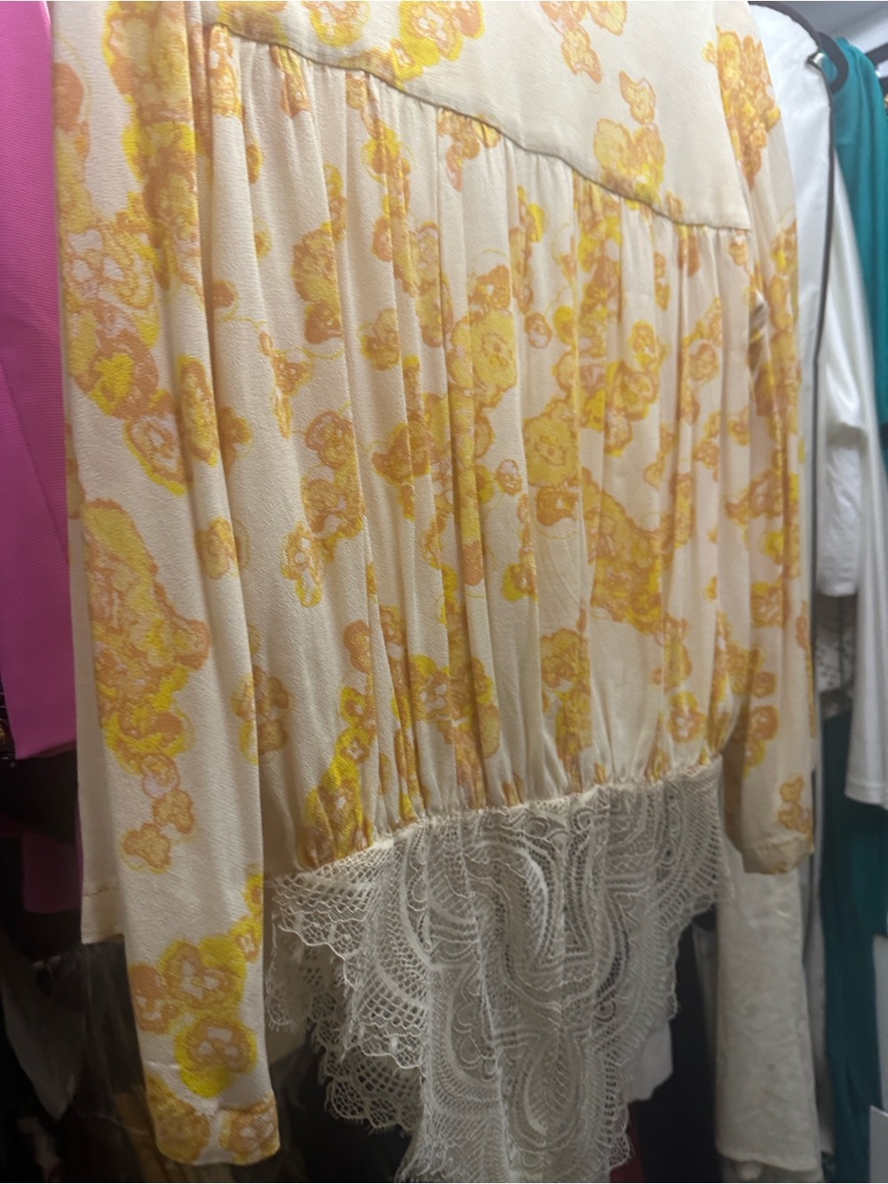 Free People Cream Blouse with Yellow Floral Print